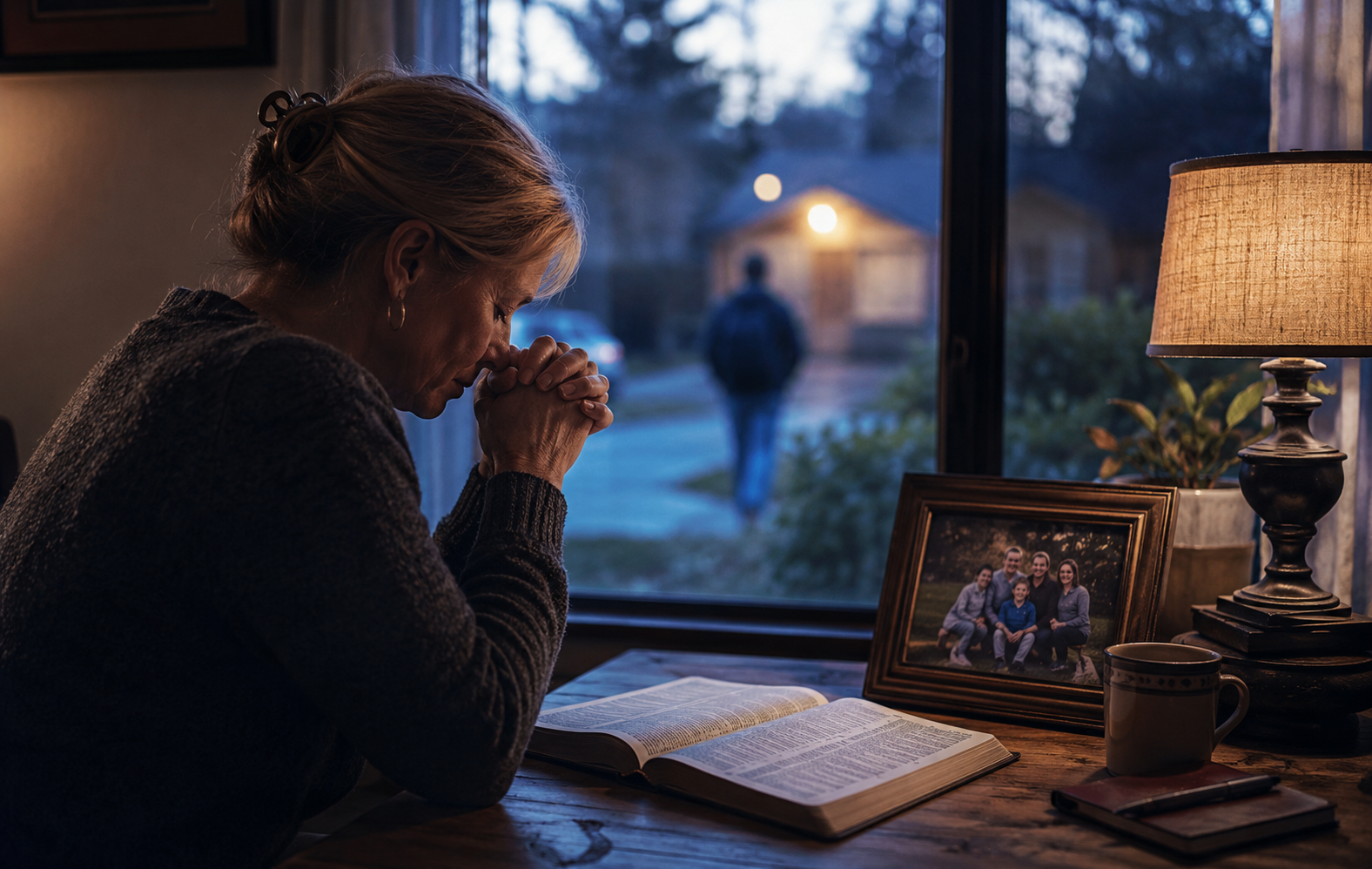 A woman praying by a Bible for a loved one walking away from home