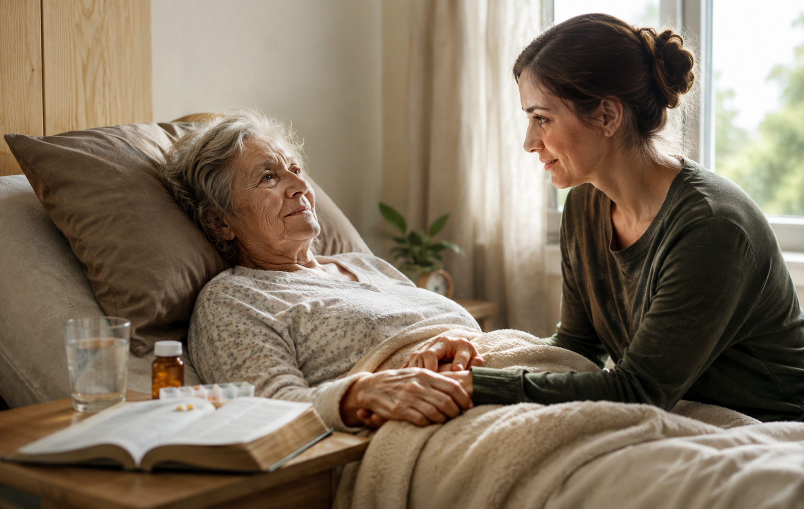 A sick elderly woman being comforted beside an open Bible