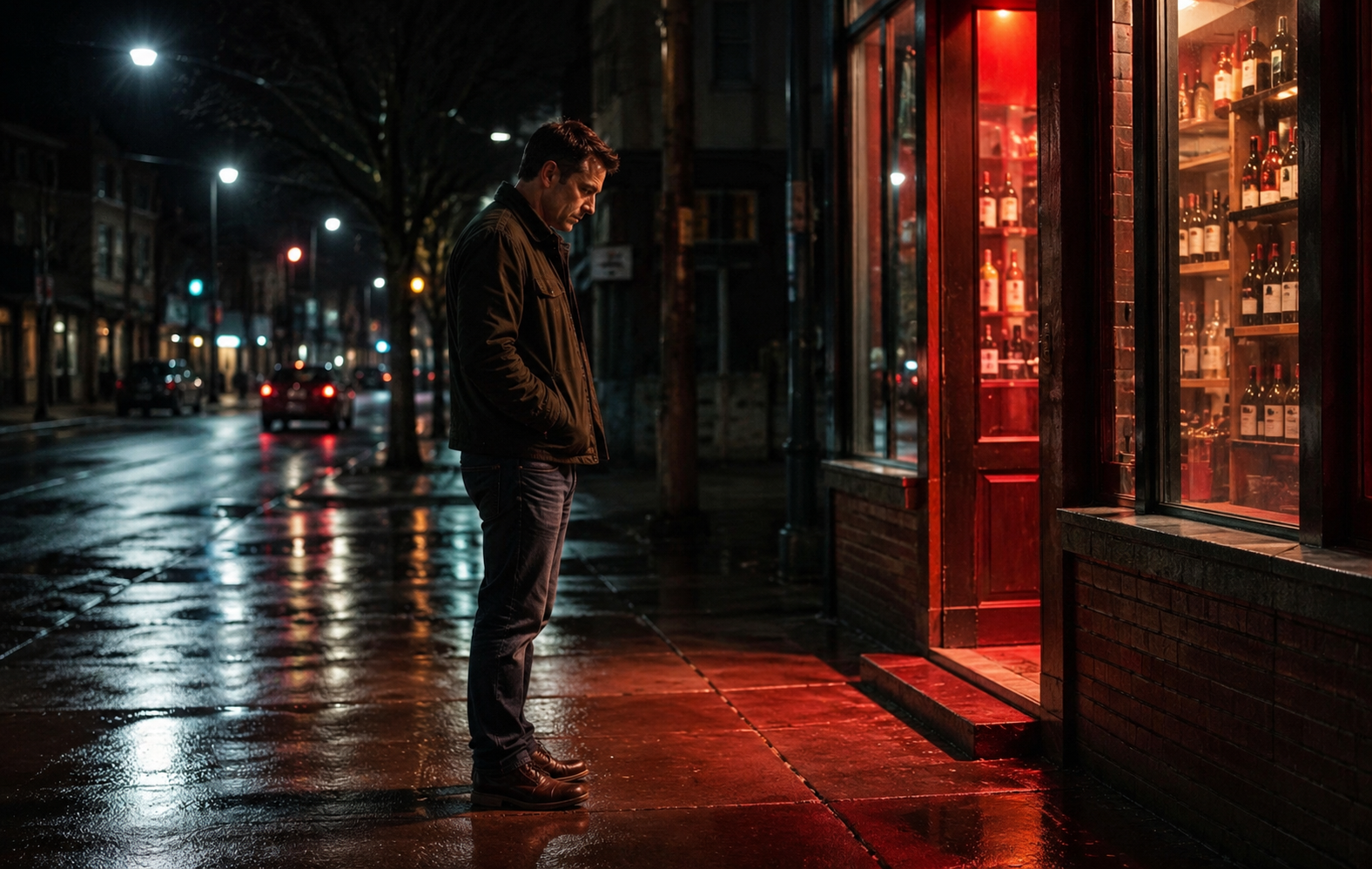 A man standing outside at night while facing temptation